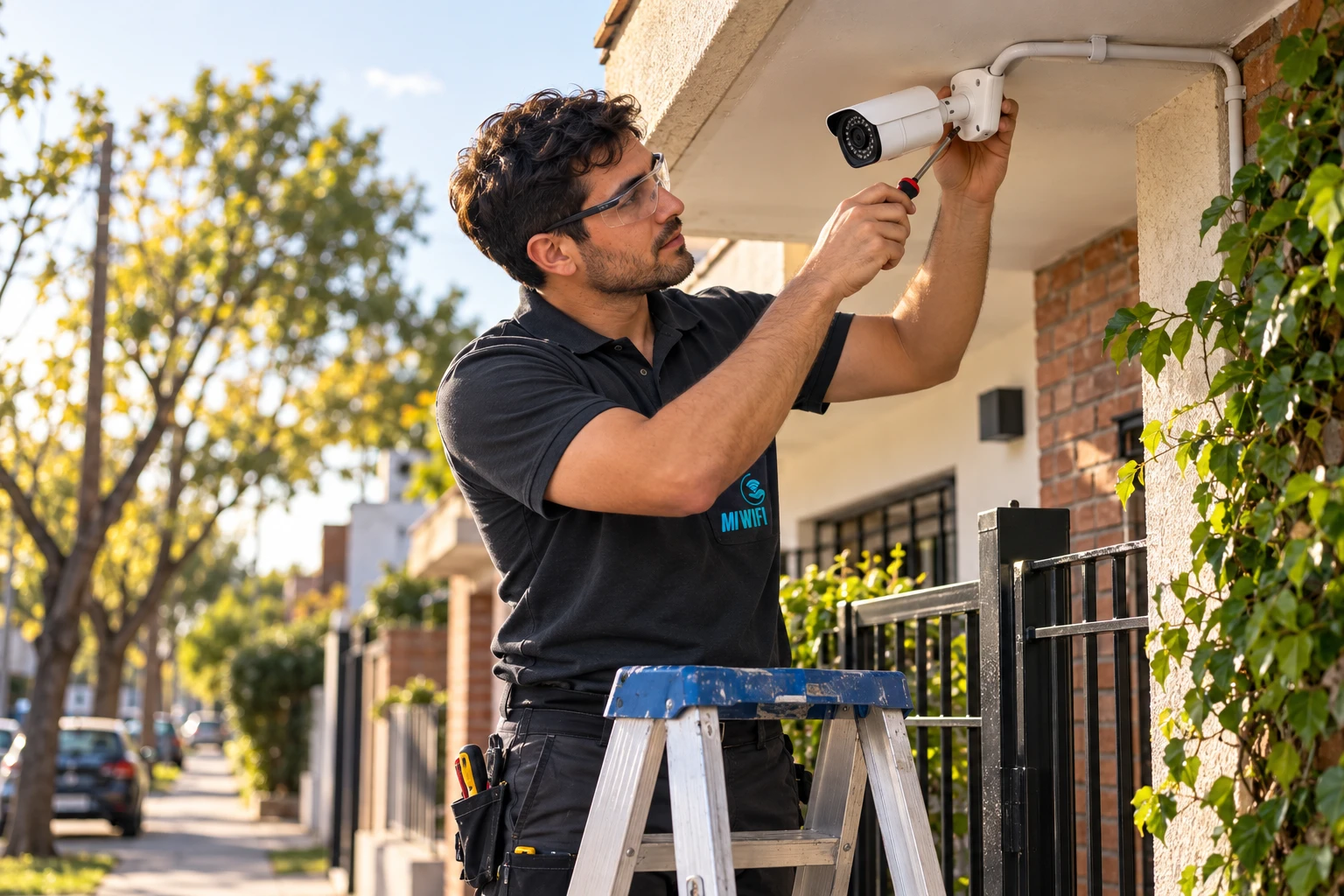 Escena ilustrativa: técnico con uniforme MI WIFI instalando una cámara exterior en una casa de barrio